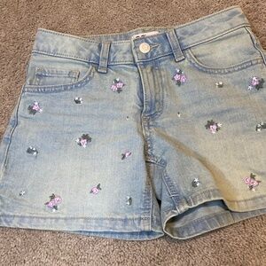 Girls light blue denim jean shorts with white and light purple flowers